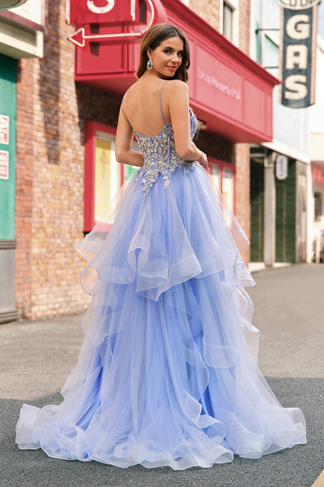 Sparkly Light Blue A Line Spiral Ruffles Sequin Long Ball Dress